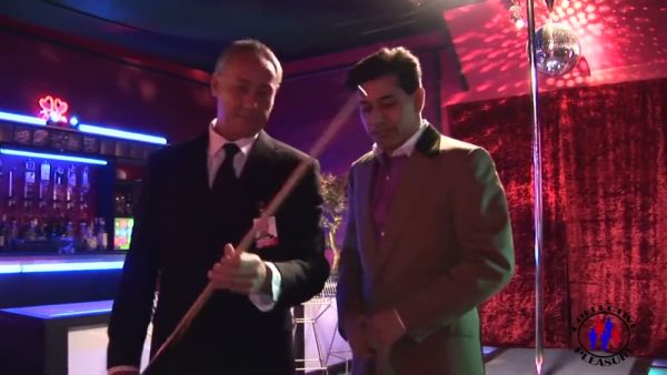 Blonde with big breasts takes on two men in a neon-lit lounge on breastful.com