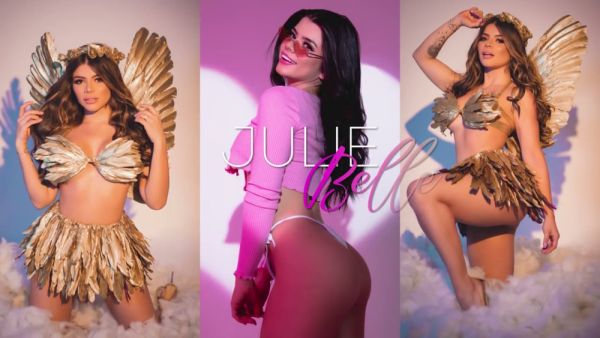Yuli Belle teases in feathers then shifts to black leather for a passionate solo dance on breastful.com