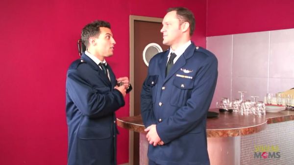 Blonde fulfills her fantasy with two uniformed men in a public restaurant on breastful.com