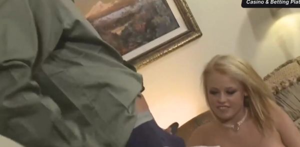 Busty platinum-blonde secretary gives boss a deep blowjob on breastful.com