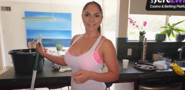 Busty Latina Maid cleans her man meat with a mop on breastful.com