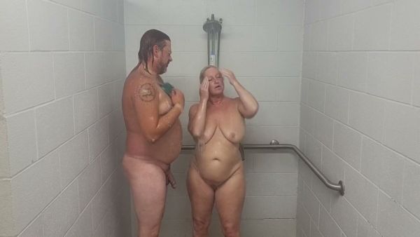 Mature BBW wife and husband get intimate during a shared shower on breastful.com