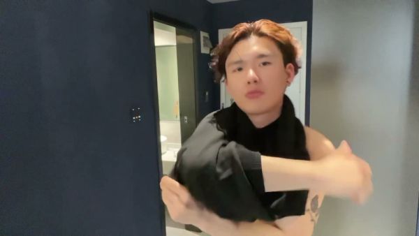 Behind the scenes hotel moment with a tattooed Asian man - Japan - North Korea on breastful.com