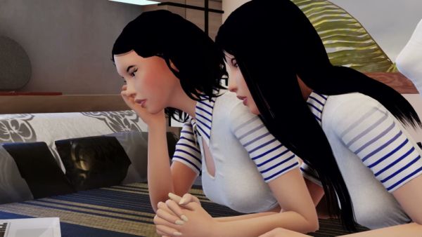 Two Japanese lesbians explore each other intimately on a patterned bed - Japan on breastful.com