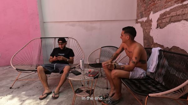 Colombian beauty caught between two American men in a sunlit nudist courtyard - Colombia - Usa on breastful.com