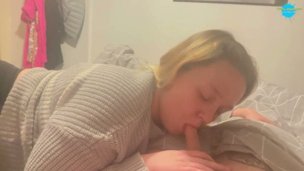 Voluptuous young girlfriend gives passionate blowjob to her boyfriend on the bed on breastful.com